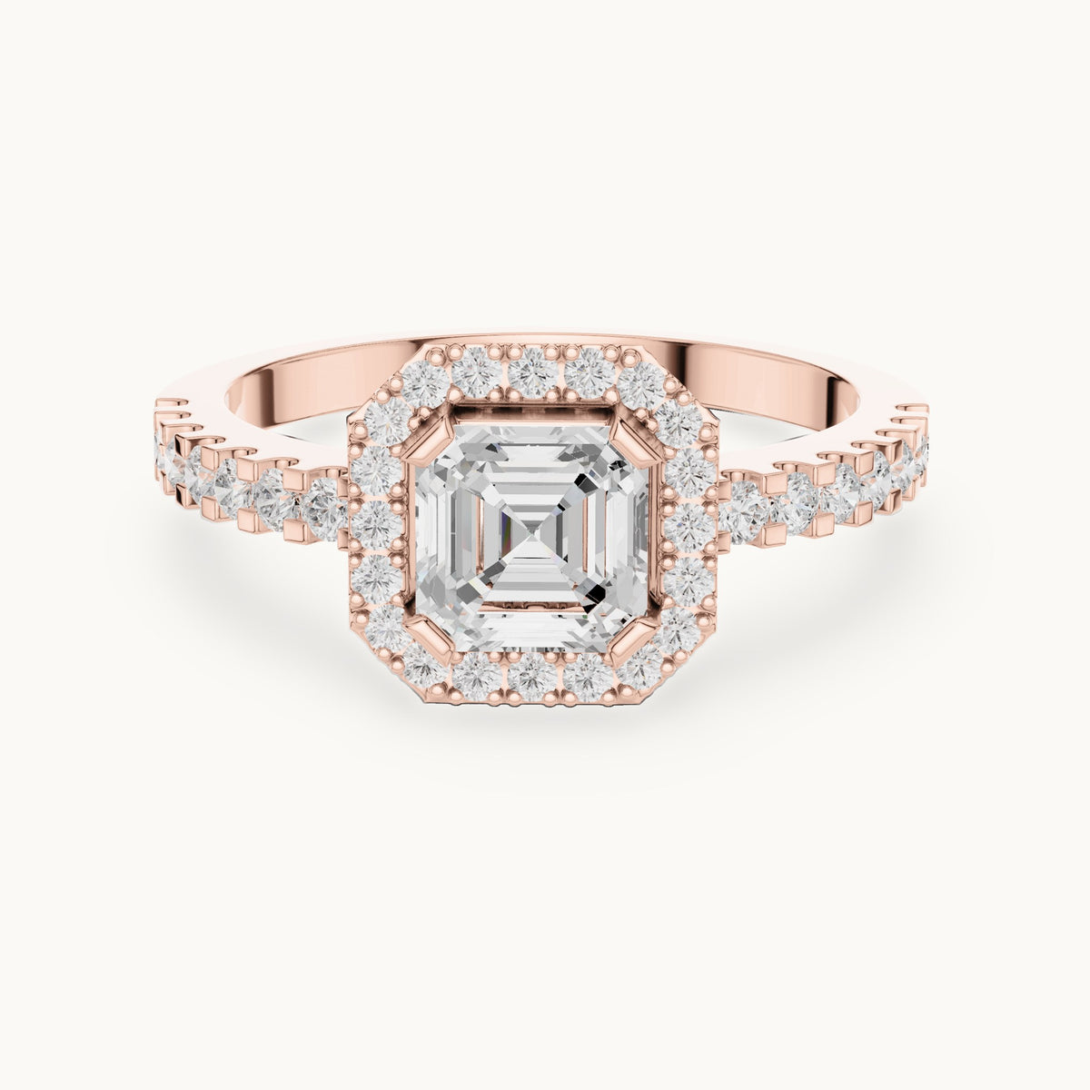 Square emerald-cut and round lab-grown diamond halo pavé engagement ring in rose gold, 1.144 CT TW, view 4