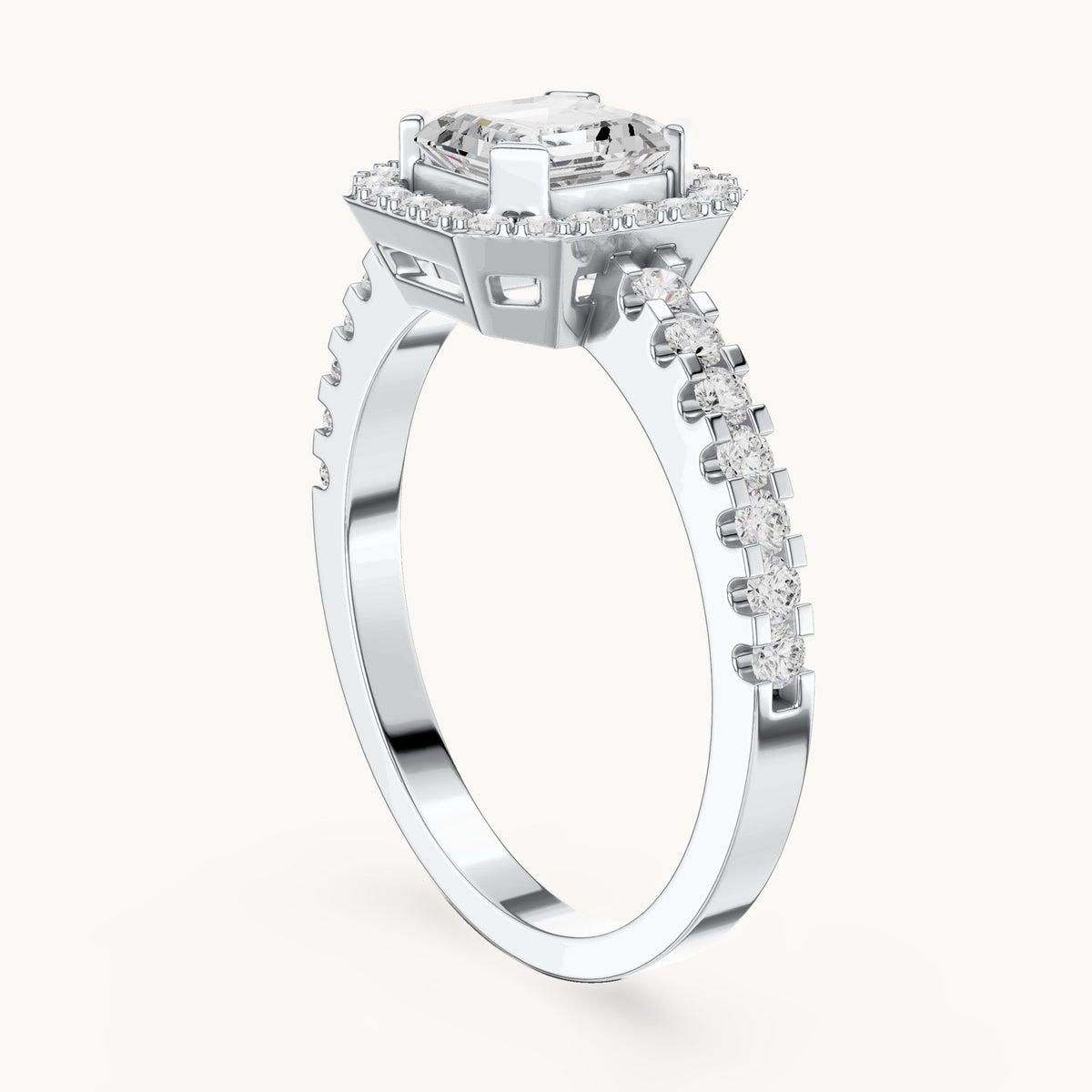 Square emerald-cut and round lab-grown diamond halo pavé engagement ring in white gold, 1.144 CT TW, view 1