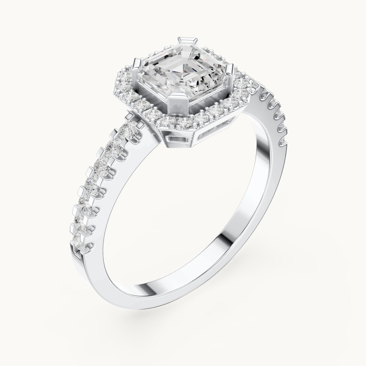 Square emerald-cut and round lab-grown diamond halo pavé engagement ring in white gold, 1.144 CT TW, view 2