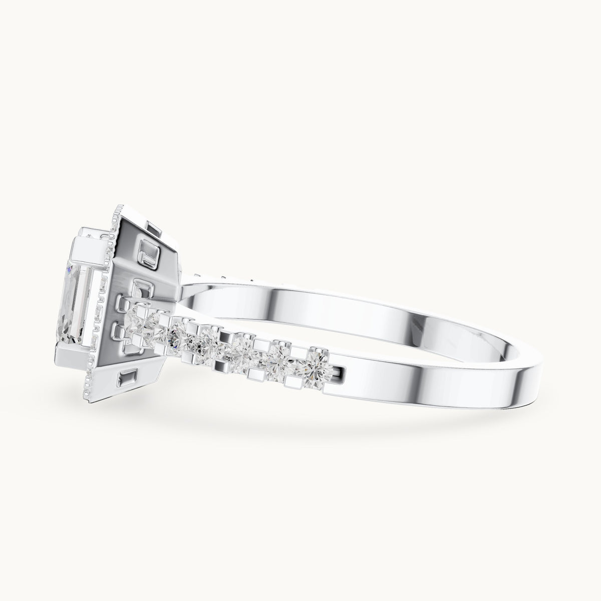 Square emerald-cut and round lab-grown diamond halo pavé engagement ring in white gold, 1.144 CT TW, view 3