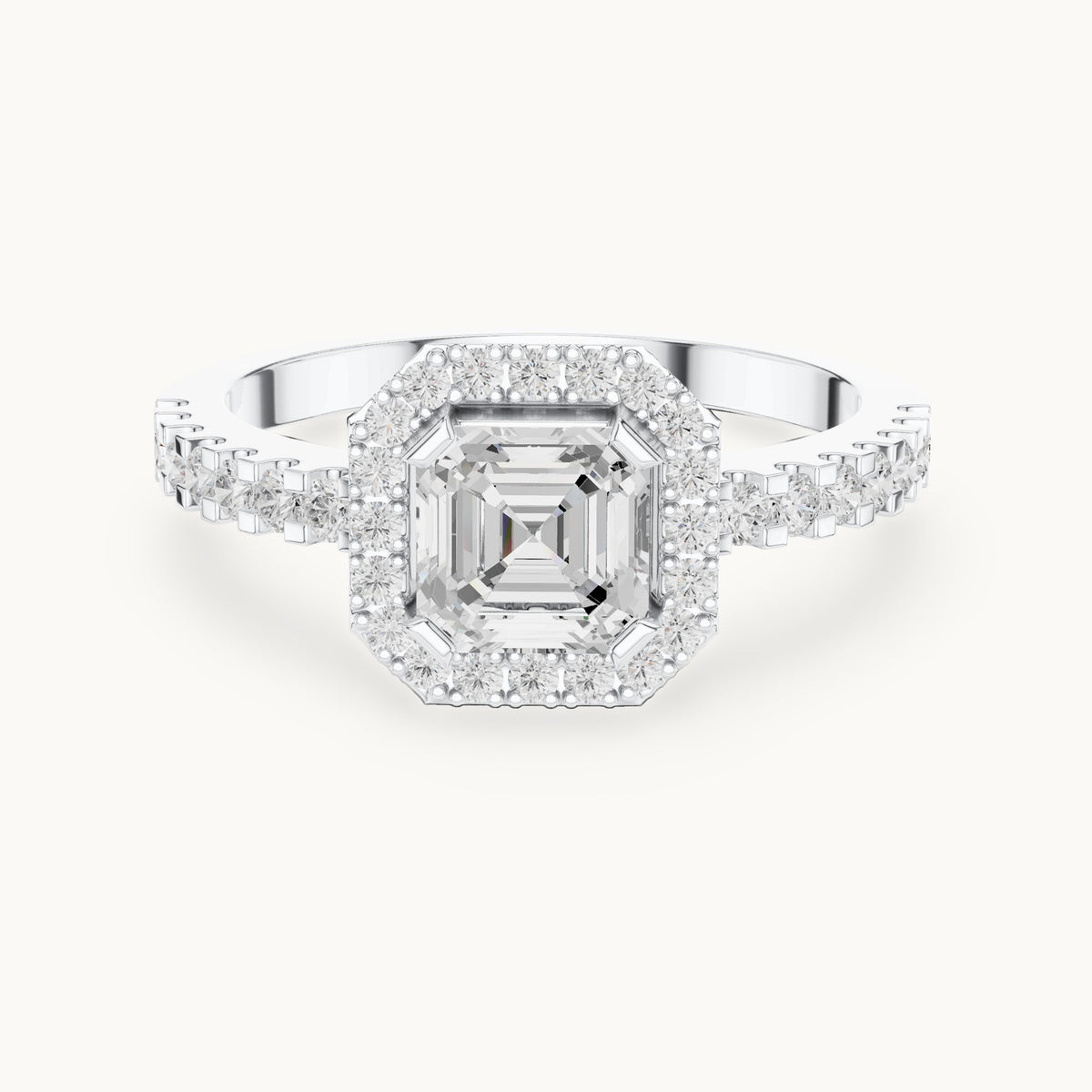 Square emerald-cut and round lab-grown diamond halo pavé engagement ring in white gold, 1.144 CT TW, view 4