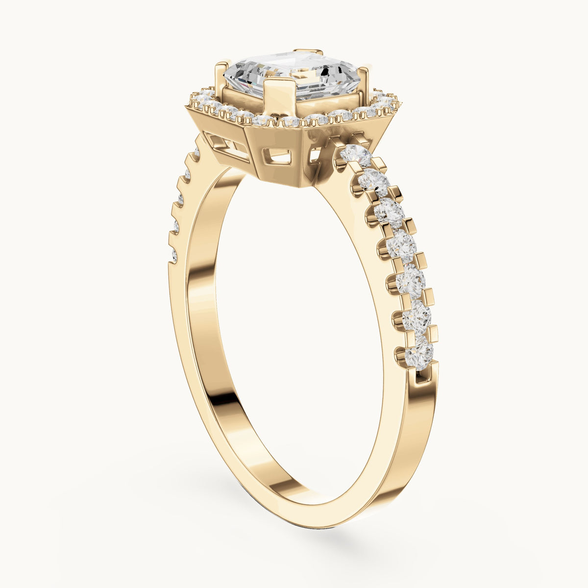 Square emerald-cut and round lab-grown diamond halo pavé engagement ring in yellow gold, 1.144 CT TW, view 1