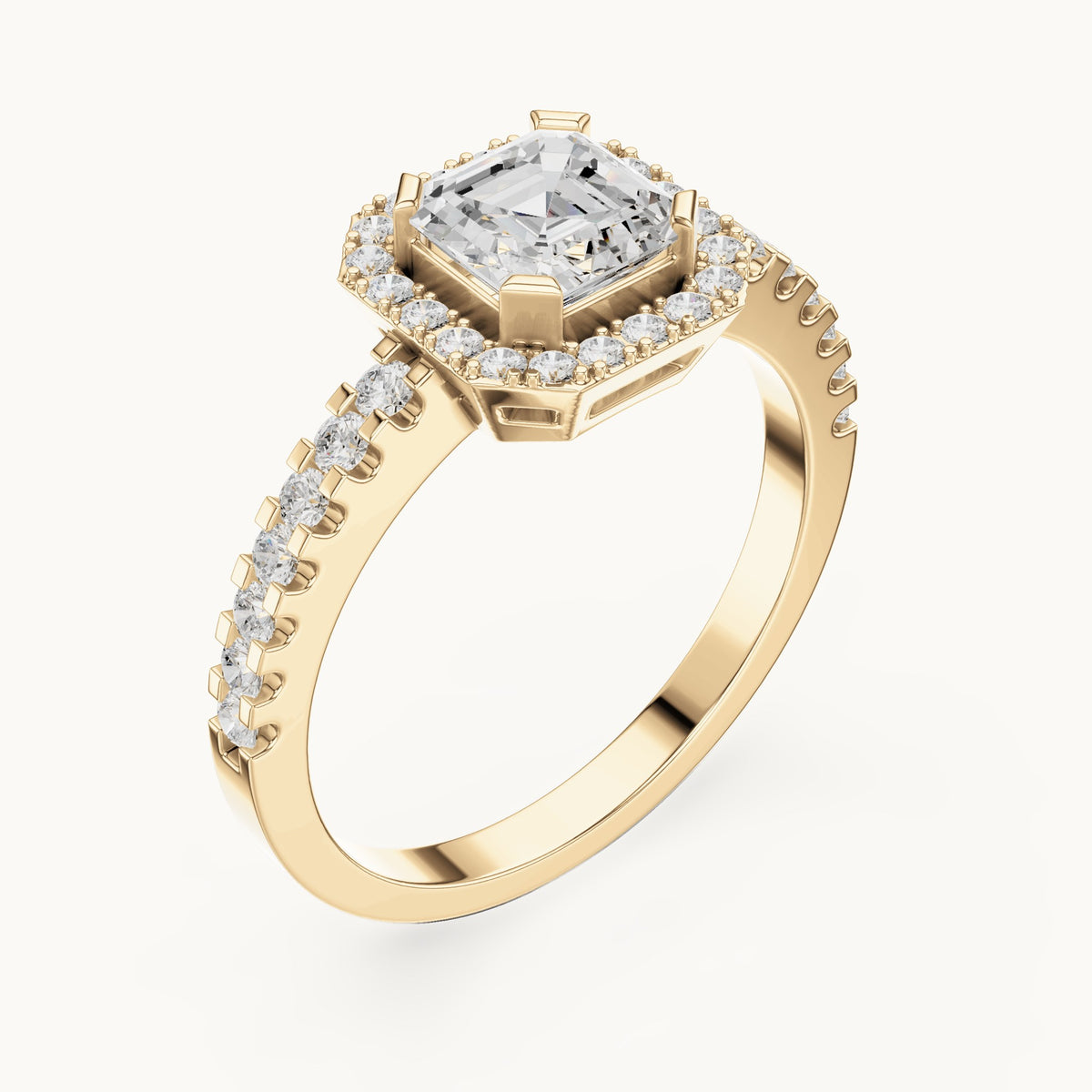 Square emerald-cut and round lab-grown diamond halo pavé engagement ring in yellow gold, 1.144 CT TW, view 2