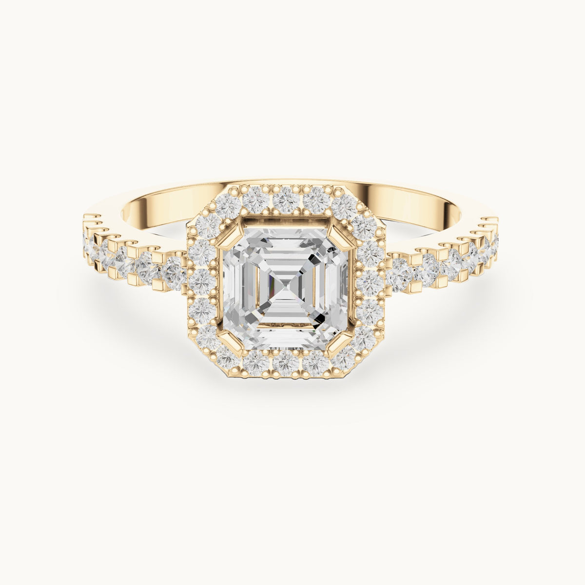 Square emerald-cut and round lab-grown diamond halo pavé engagement ring in yellow gold, 1.144 CT TW, view 4