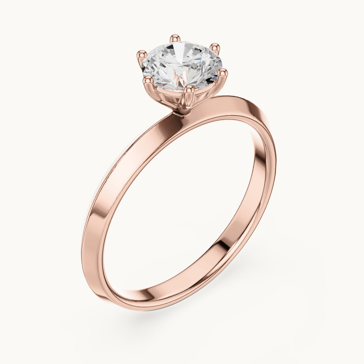 Round lab-grown diamond six-prong solitaire engagement ring in rose gold, 0.80 CT TW, view 2