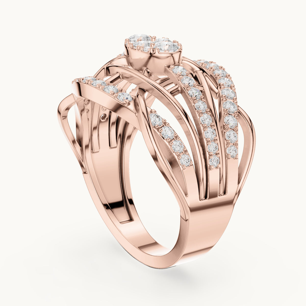 Round lab-grown diamond openwork woven cocktail ring in rose gold, 0.764 CT TW, view 1