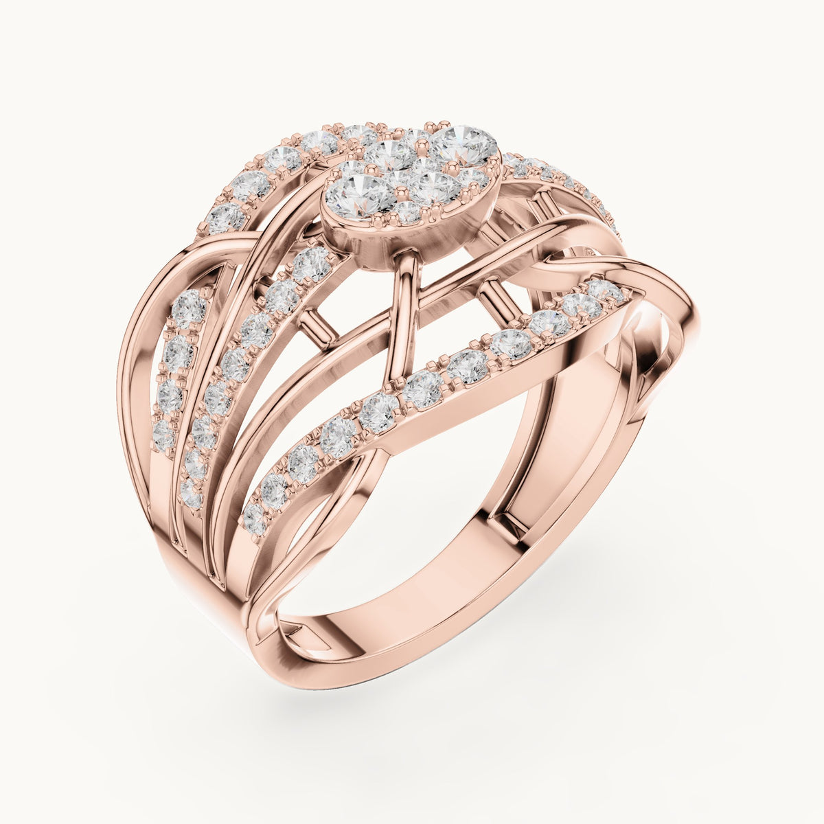 Round lab-grown diamond openwork woven cocktail ring in rose gold, 0.764 CT TW, view 2