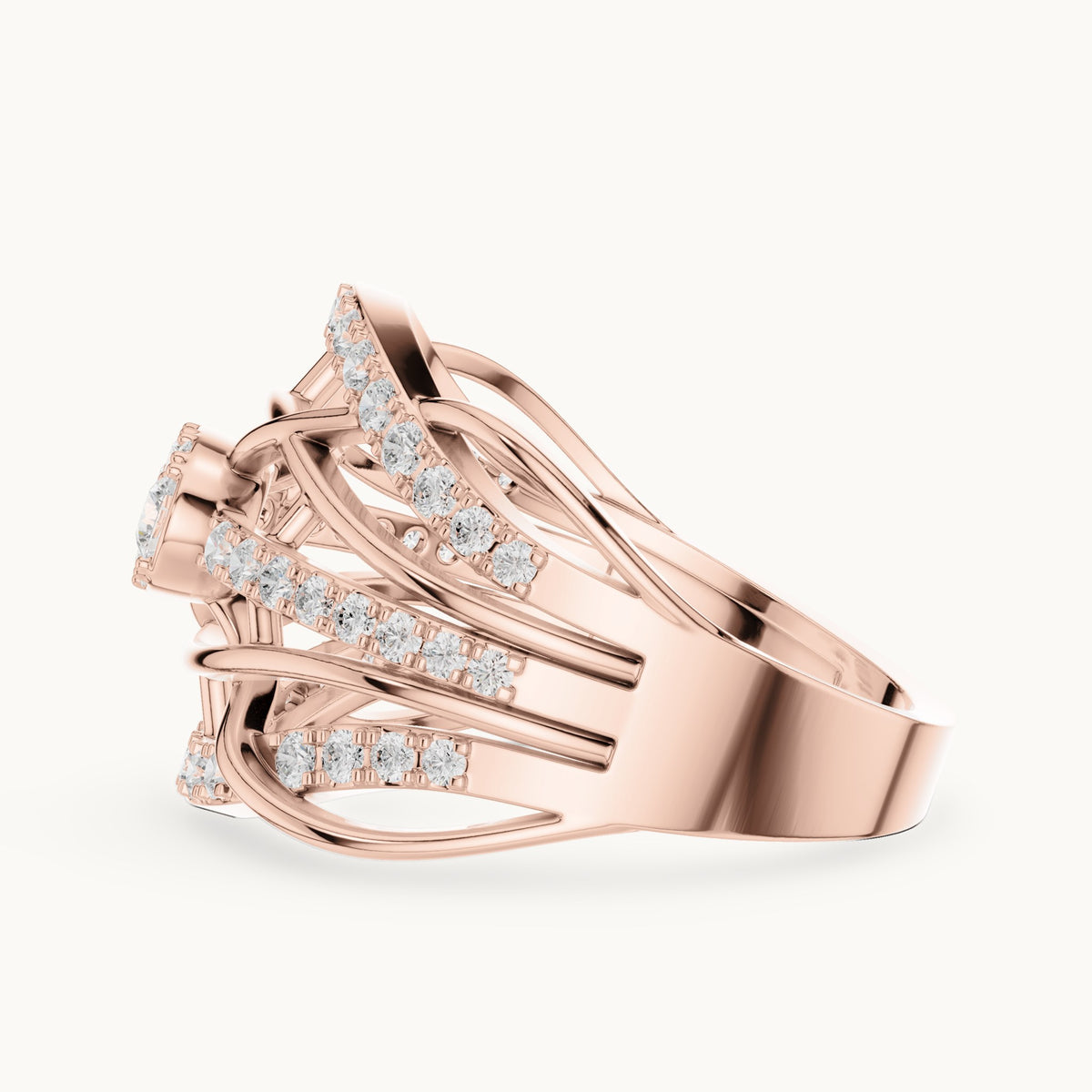 Round lab-grown diamond openwork woven cocktail ring in rose gold, 0.764 CT TW, view 3