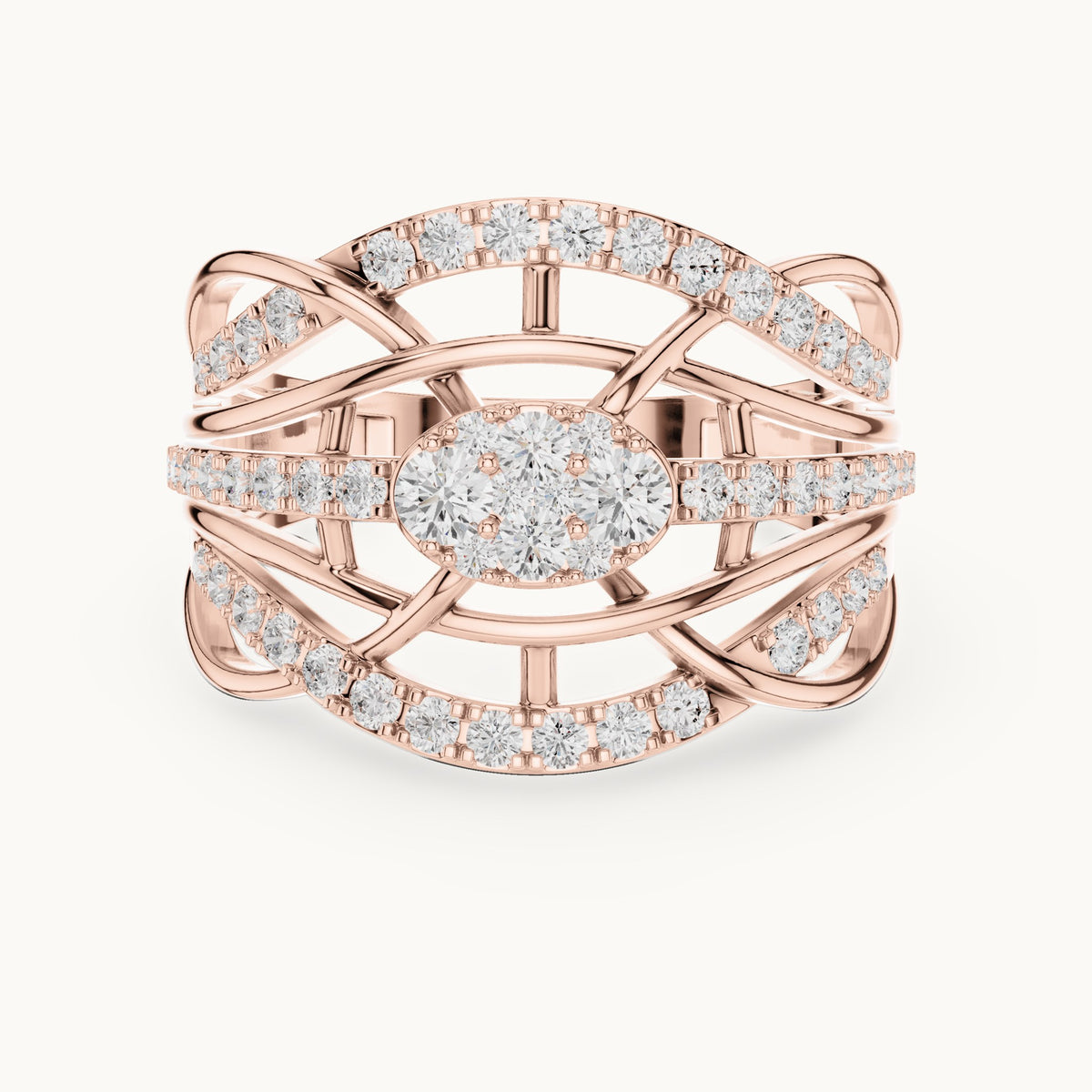 Round lab-grown diamond openwork woven cocktail ring in rose gold, 0.764 CT TW, view 4