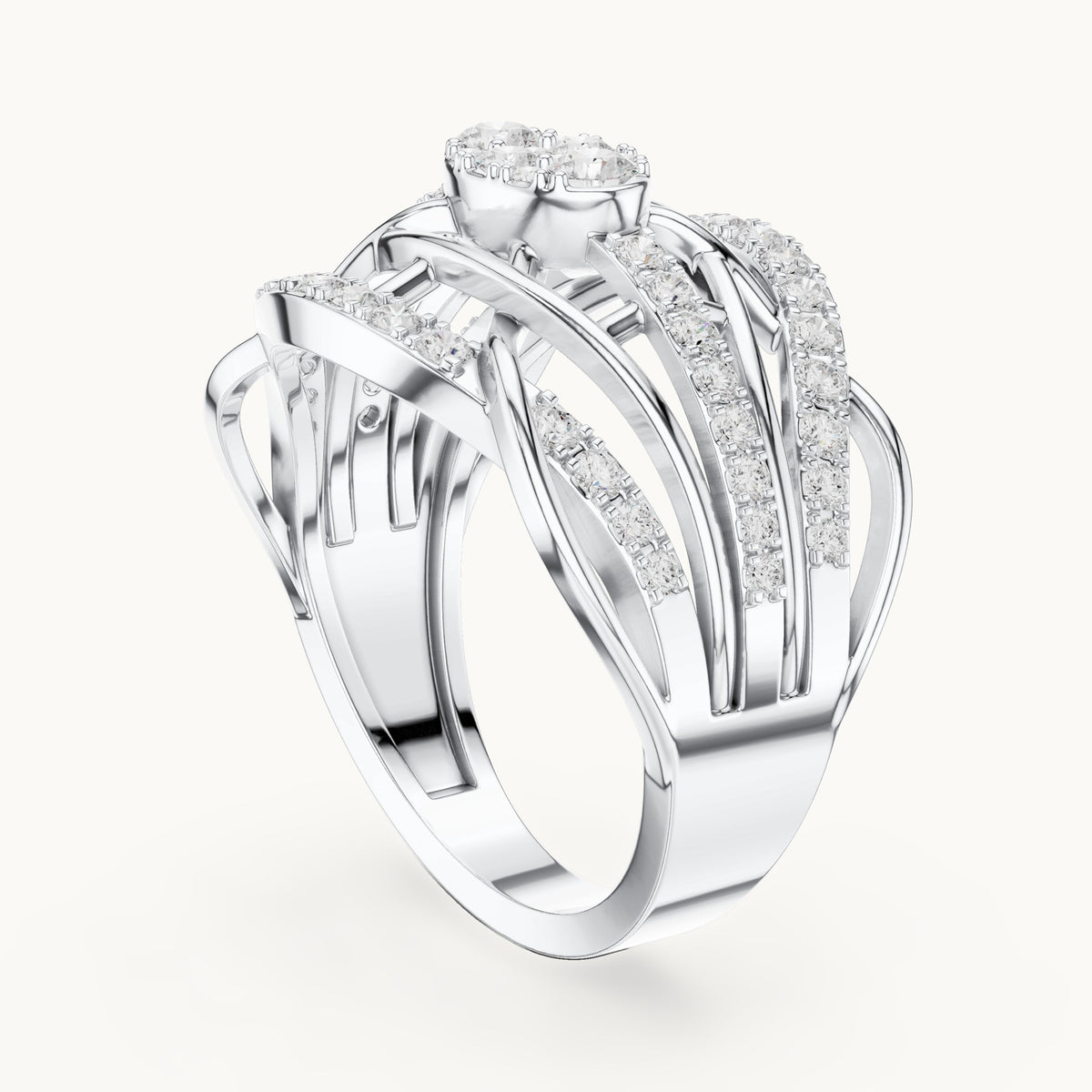 Round lab-grown diamond openwork woven cocktail ring in white gold, 0.764 CT TW, view 1