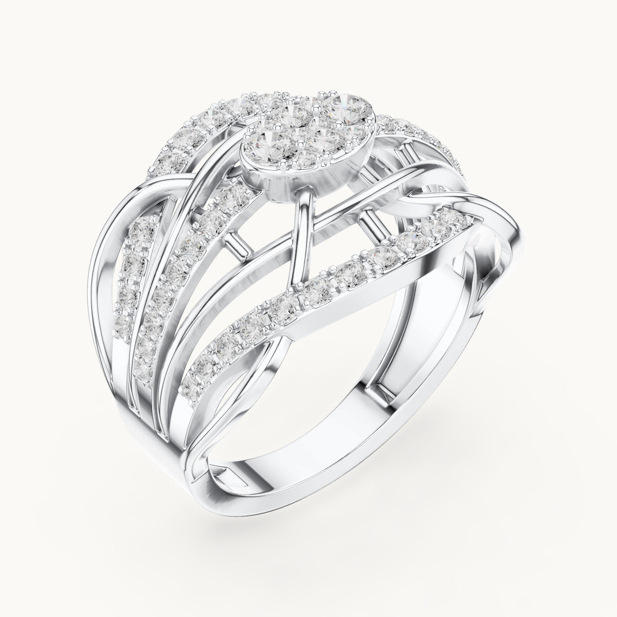 Round lab-grown diamond openwork woven cocktail ring in white gold, 0.764 CT TW, view 2
