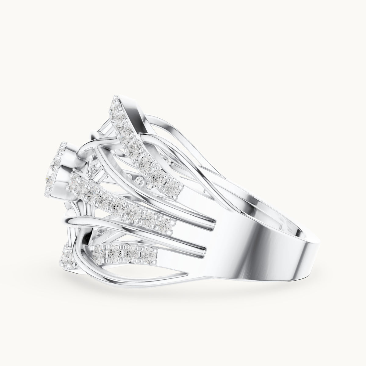 Round lab-grown diamond openwork woven cocktail ring in white gold, 0.764 CT TW, view 3