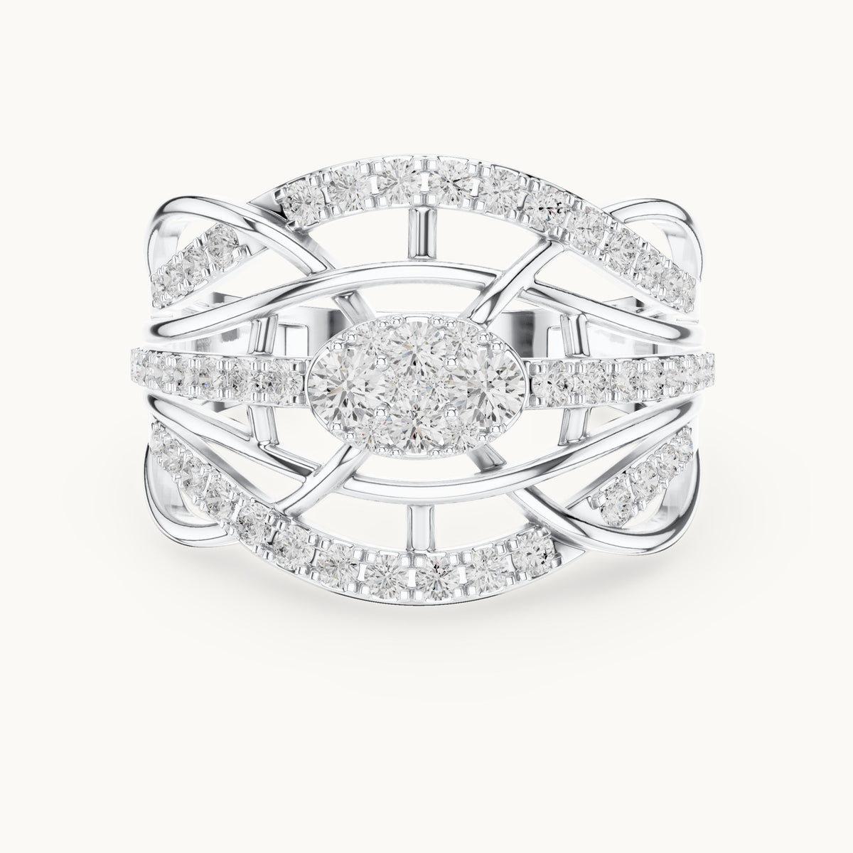 Round lab-grown diamond openwork woven cocktail ring in white gold, 0.764 CT TW, view 4