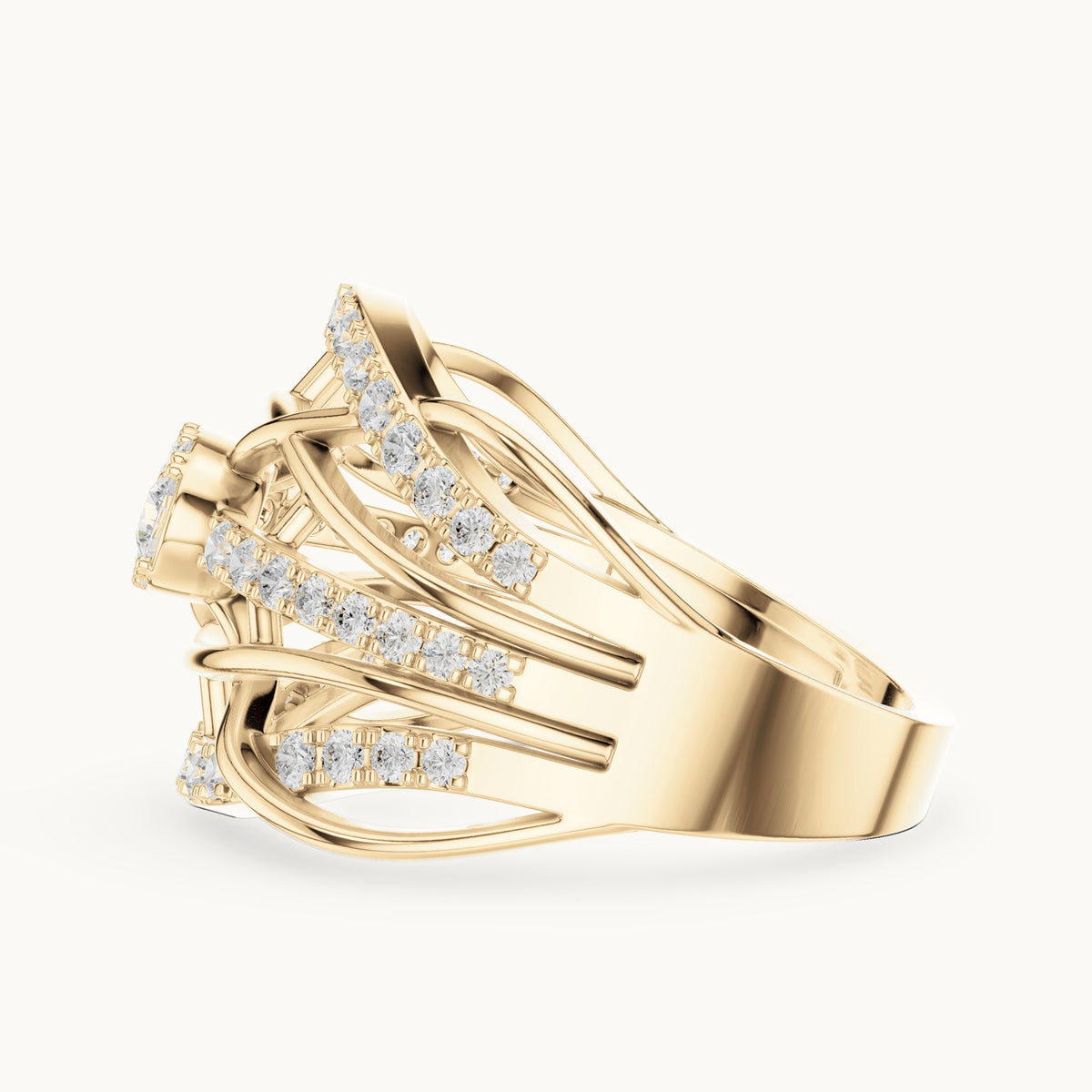 Round lab-grown diamond openwork woven cocktail ring in yellow gold, 0.764 CT TW, view 3