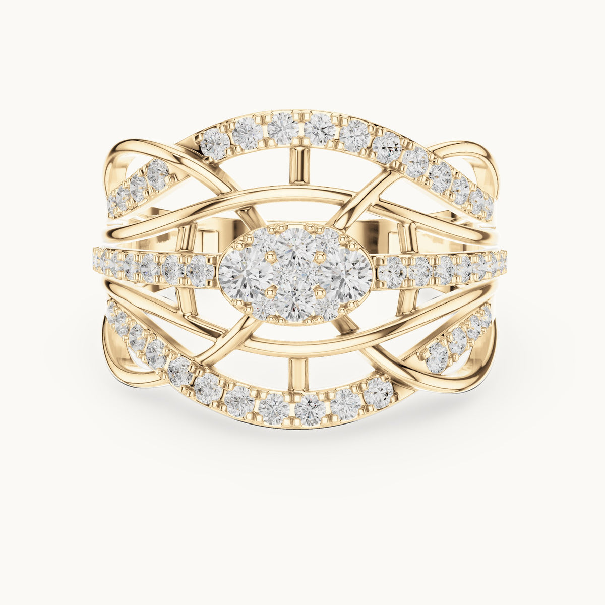 Round lab-grown diamond openwork woven cocktail ring in yellow gold, 0.764 CT TW, view 4
