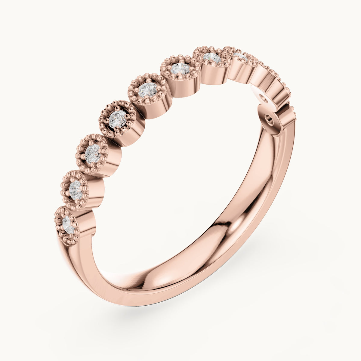Round lab-grown diamond milgrain bezel half eternity band in rose gold, 0.121 CT TW, view 2