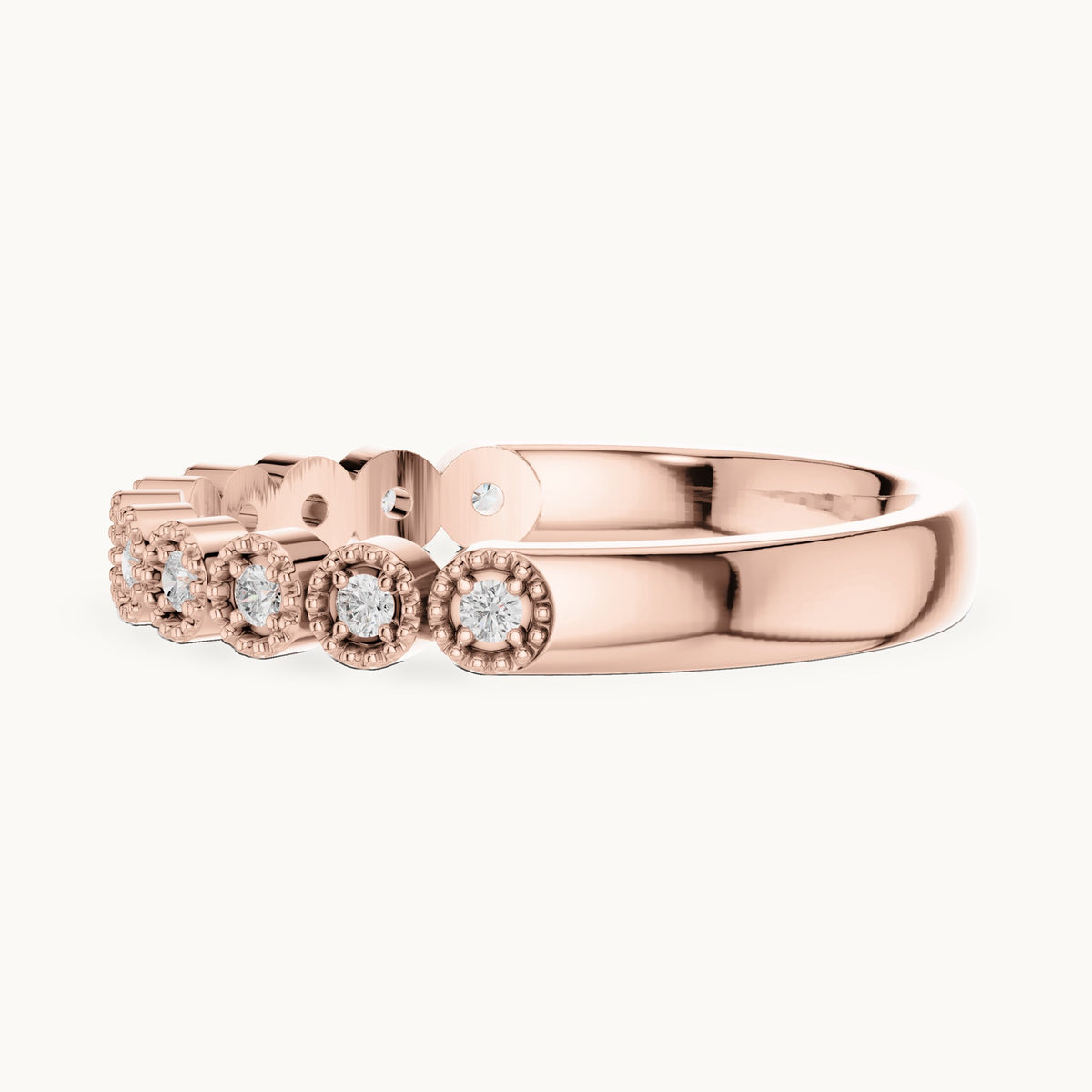 Round lab-grown diamond milgrain bezel half eternity band in rose gold, 0.121 CT TW, view 3