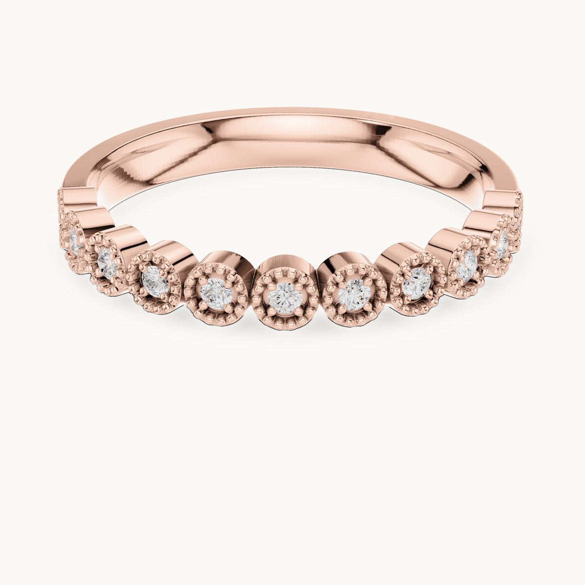 Round lab-grown diamond milgrain bezel half eternity band in rose gold, 0.121 CT TW, view 4