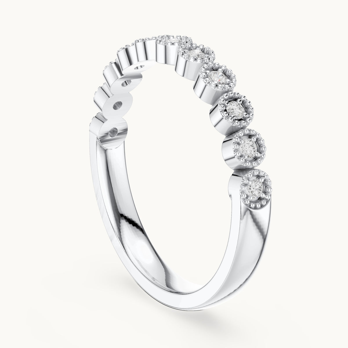 Round lab-grown diamond milgrain bezel half eternity band in white gold, 0.121 CT TW, view 1