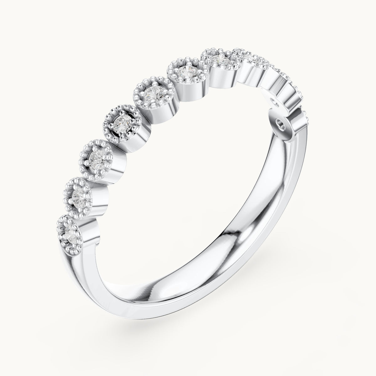 Round lab-grown diamond milgrain bezel half eternity band in white gold, 0.121 CT TW, view 2