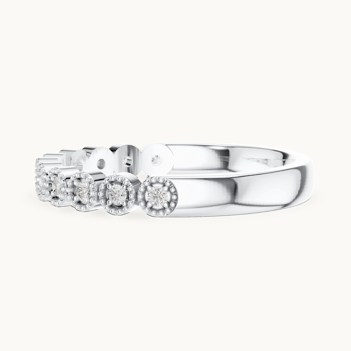 Round lab-grown diamond milgrain bezel half eternity band in white gold, 0.121 CT TW, view 3