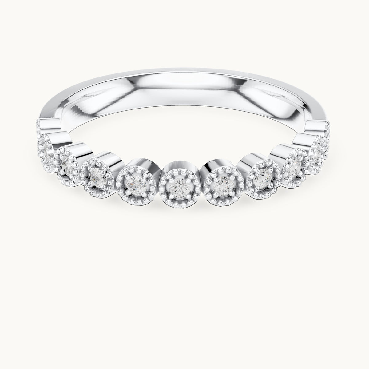 Round lab-grown diamond milgrain bezel half eternity band in white gold, 0.121 CT TW, view 4