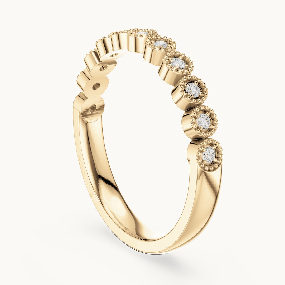 Round lab-grown diamond milgrain bezel half eternity band in yellow gold, 0.121 CT TW, view 1