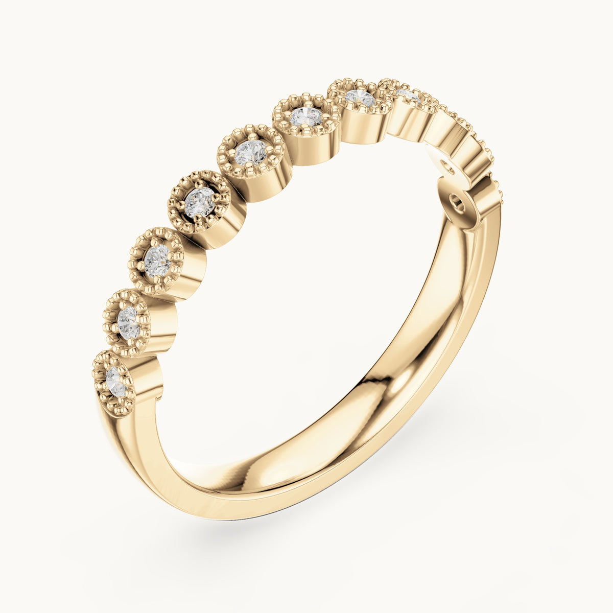 Round lab-grown diamond milgrain bezel half eternity band in yellow gold, 0.121 CT TW, view 2