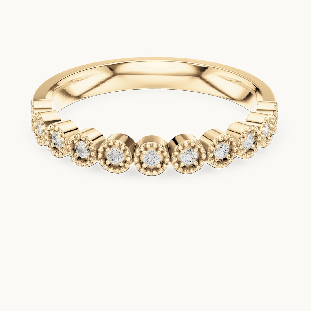 Round lab-grown diamond milgrain bezel half eternity band in yellow gold, 0.121 CT TW, view 4