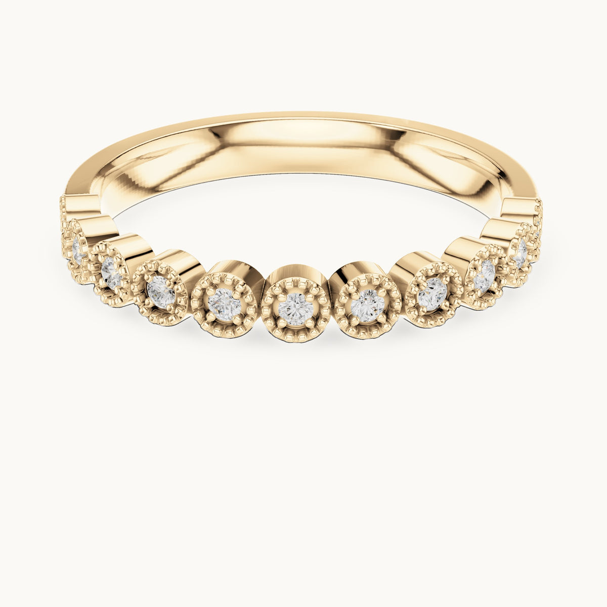 Round lab-grown diamond milgrain bezel half eternity band in yellow gold, 0.121 CT TW, view 4