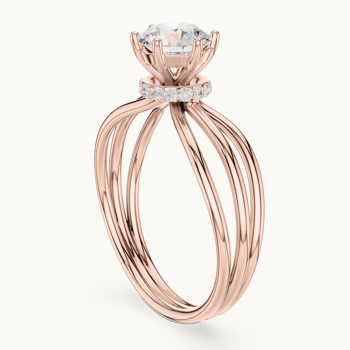 Round lab-grown diamond hidden halo engagement ring with multi-row split shank in rose gold, 0.868 CT TW, view 1
