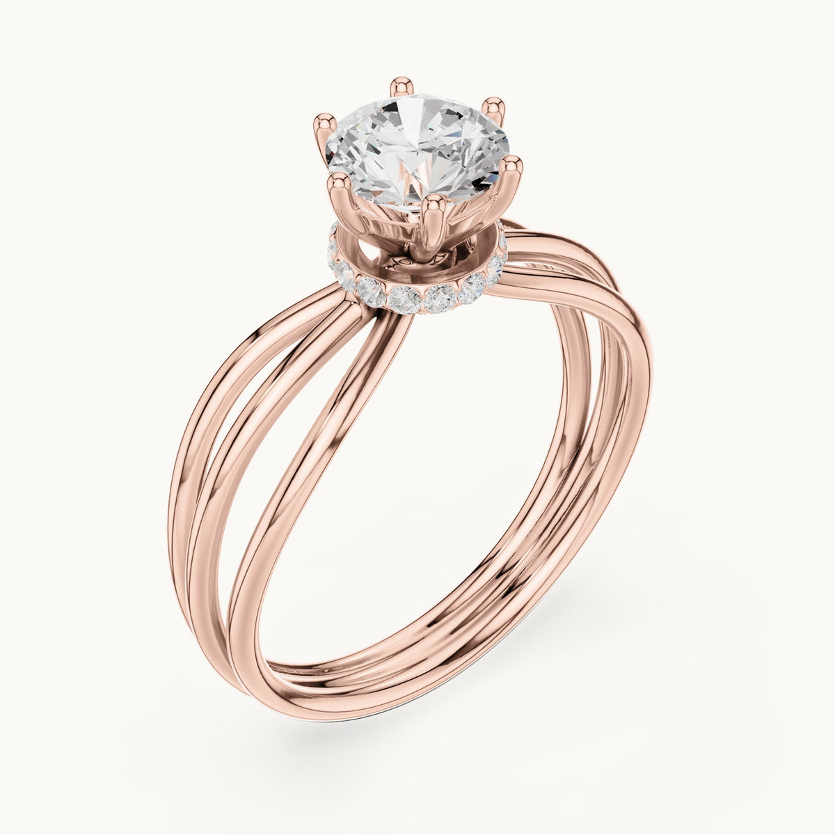Round lab-grown diamond hidden halo engagement ring with multi-row split shank in rose gold, 0.868 CT TW, view 2