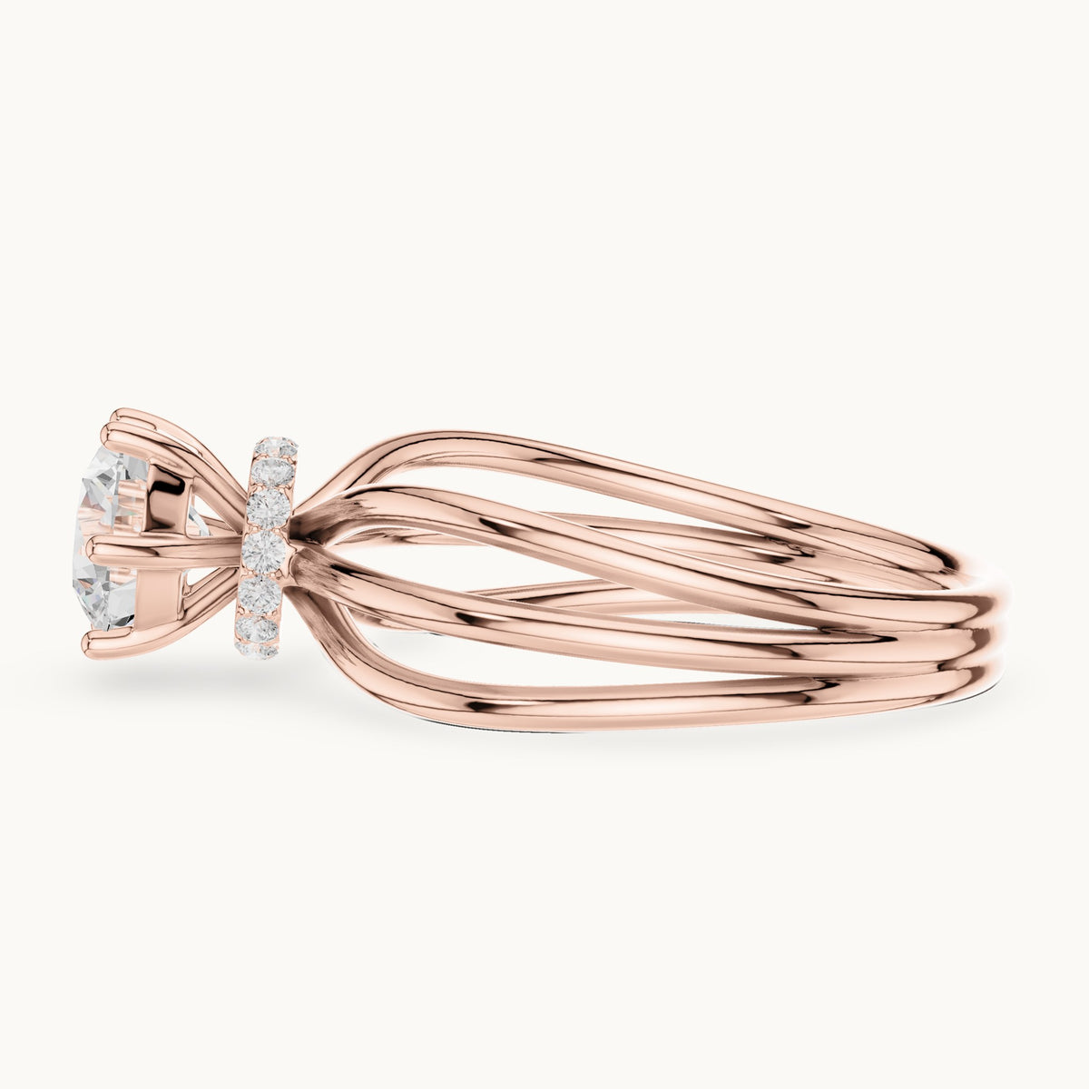Round lab-grown diamond hidden halo engagement ring with multi-row split shank in rose gold, 0.868 CT TW, view 3