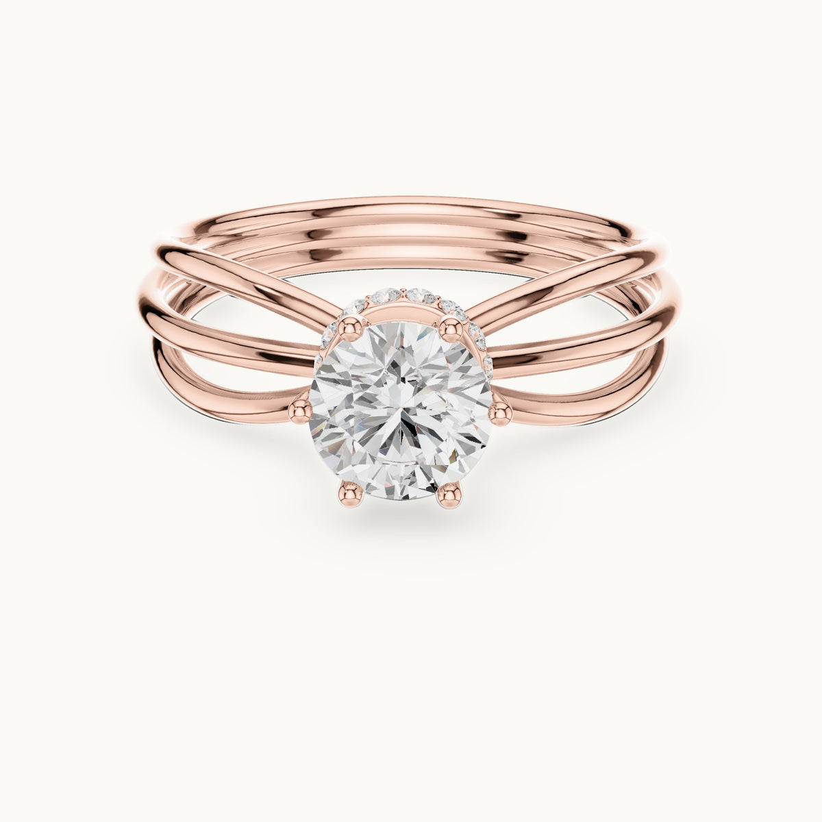 Round lab-grown diamond hidden halo engagement ring with multi-row split shank in rose gold, 0.868 CT TW, view 4