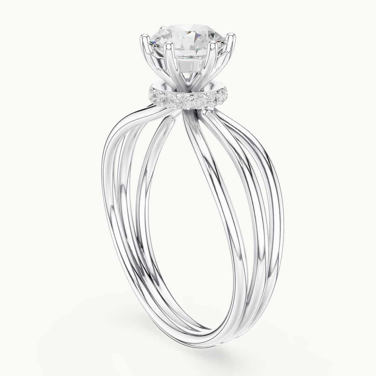 Round lab-grown diamond hidden halo engagement ring with multi-row split shank in white gold, 0.868 CT TW, view 1