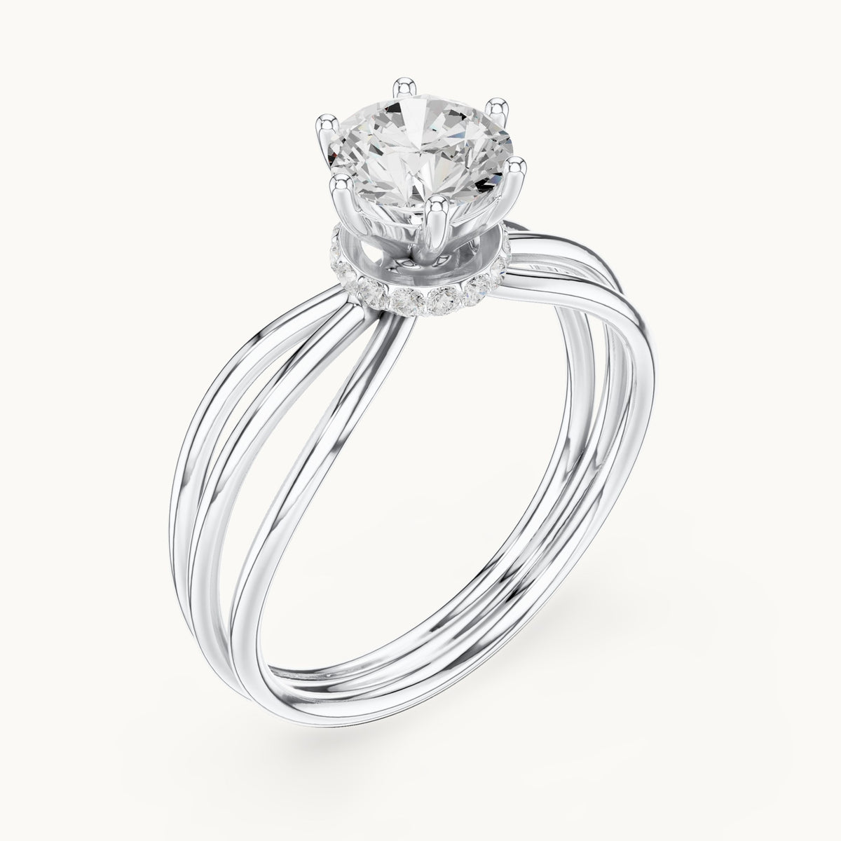 Round lab-grown diamond hidden halo engagement ring with multi-row split shank in white gold, 0.868 CT TW, view 2
