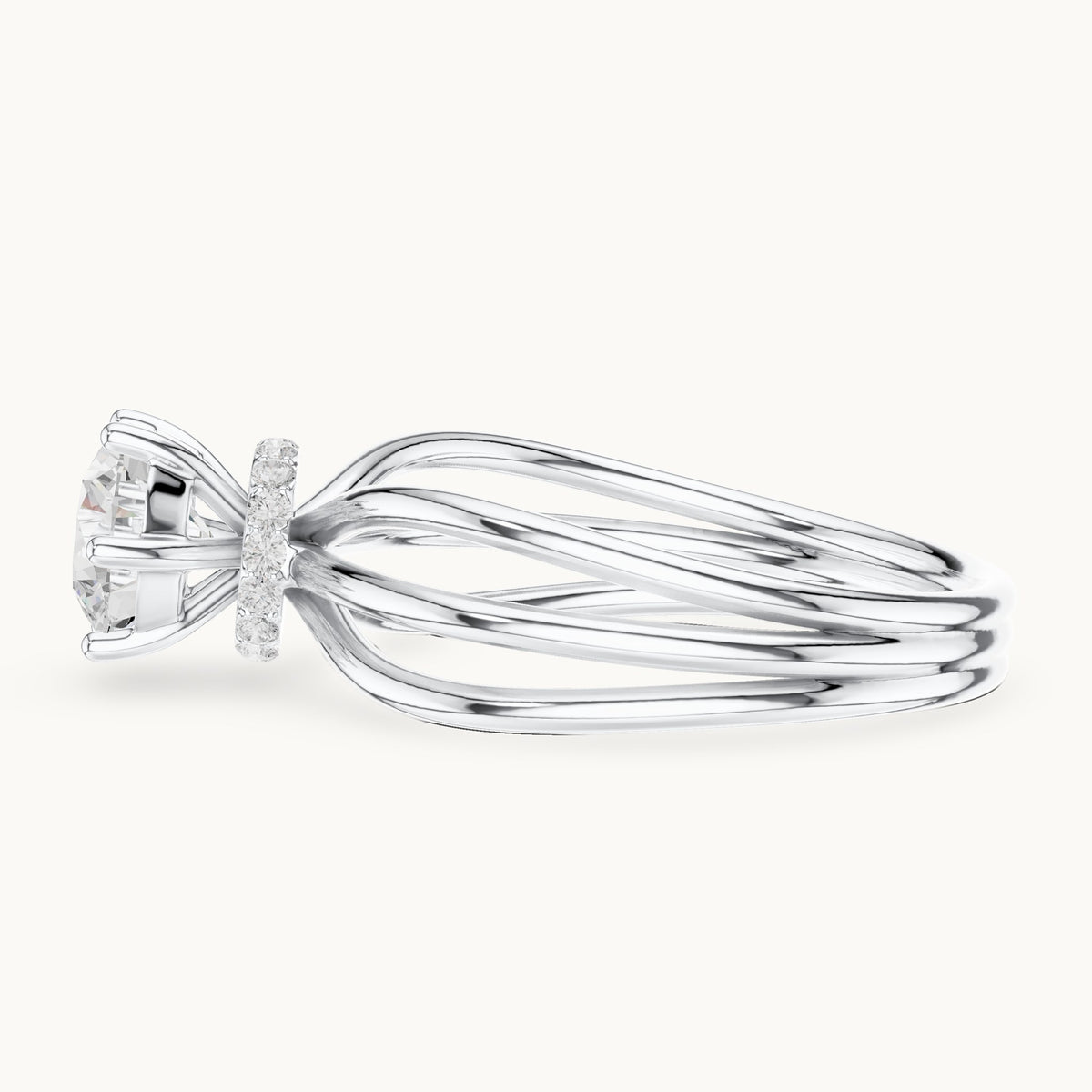 Round lab-grown diamond hidden halo engagement ring with multi-row split shank in white gold, 0.868 CT TW, view 3