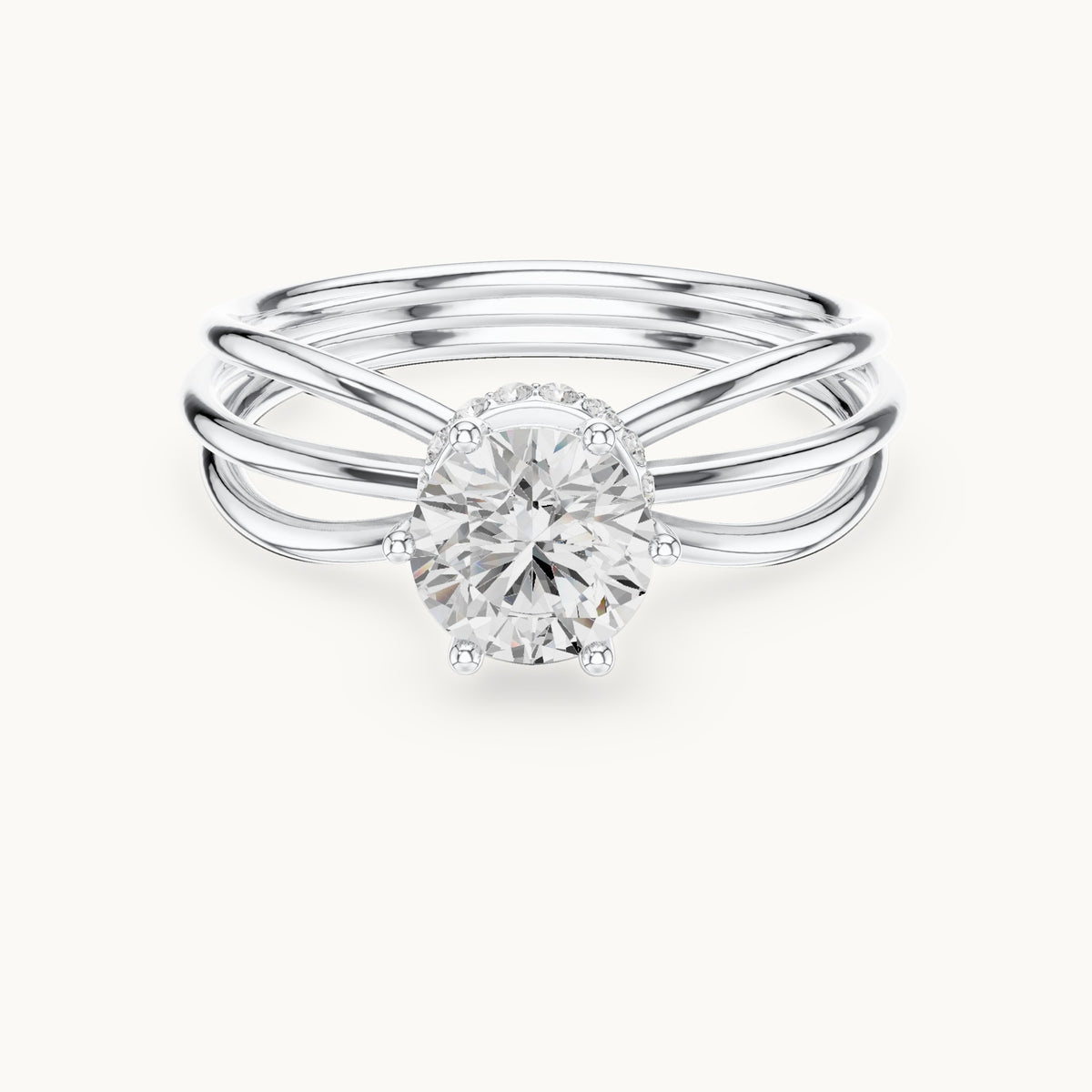 Round lab-grown diamond hidden halo engagement ring with multi-row split shank in white gold, 0.868 CT TW, view 4