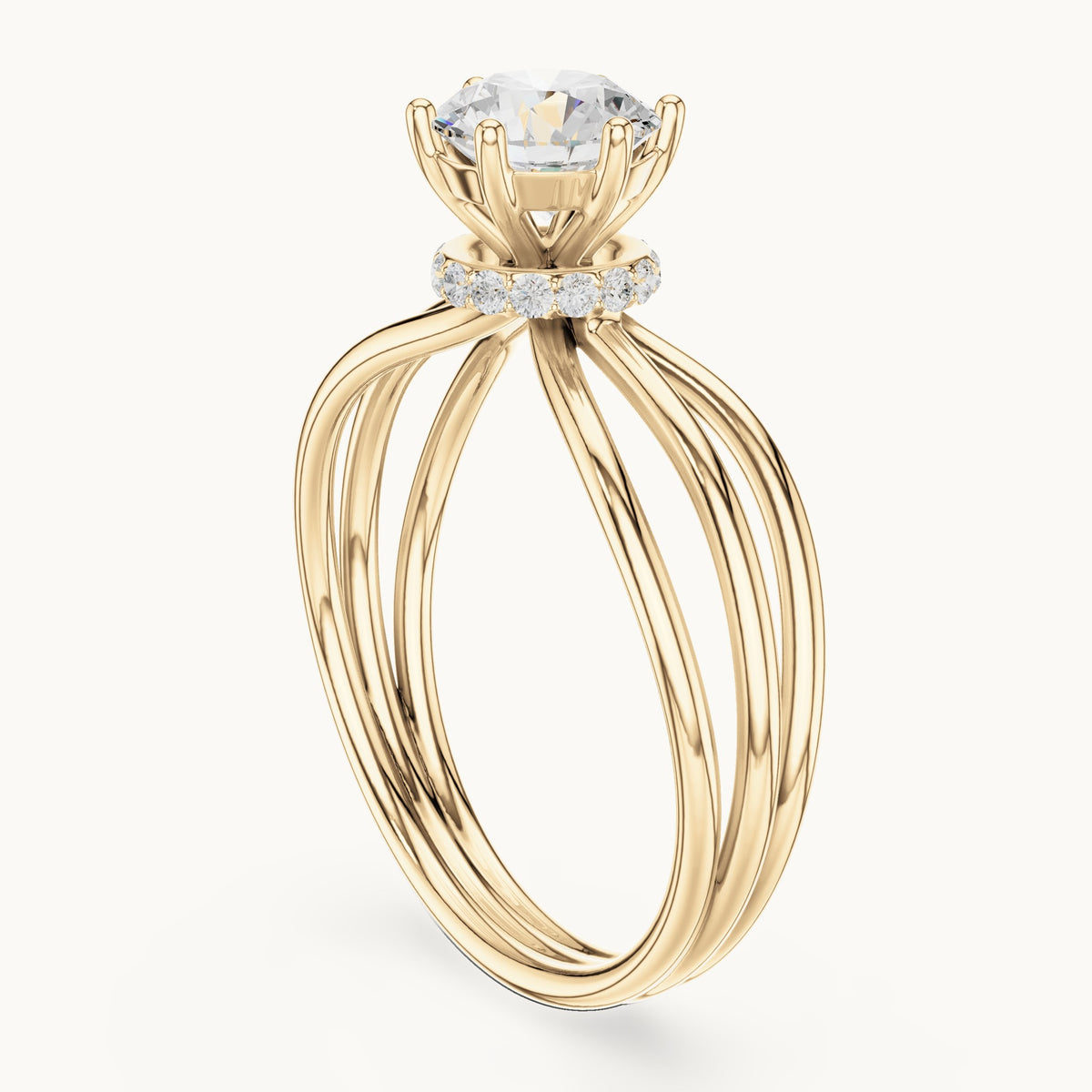 Round lab-grown diamond hidden halo engagement ring with multi-row split shank in yellow gold, 0.868 CT TW, view 1