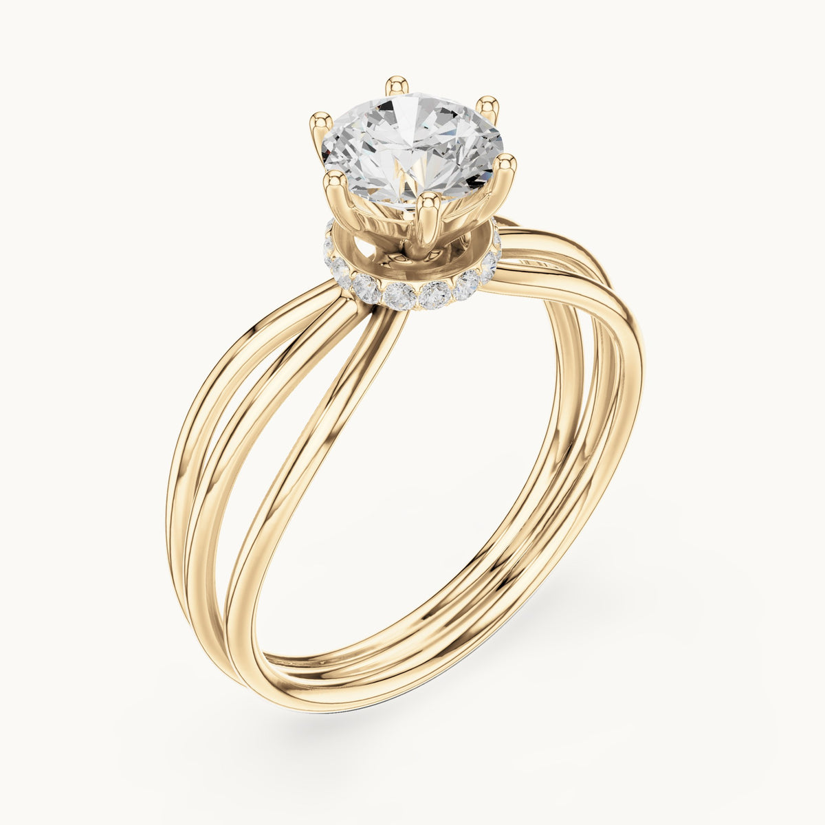 Round lab-grown diamond hidden halo engagement ring with multi-row split shank in yellow gold, 0.868 CT TW, view 2