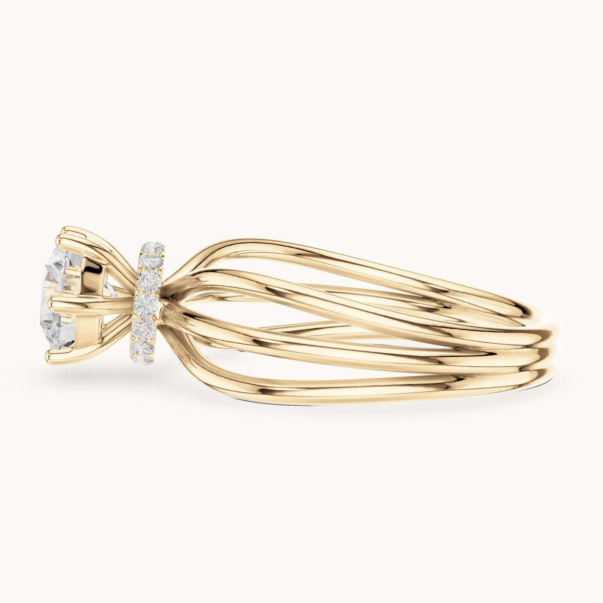 Round lab-grown diamond hidden halo engagement ring with multi-row split shank in yellow gold, 0.868 CT TW, view 3