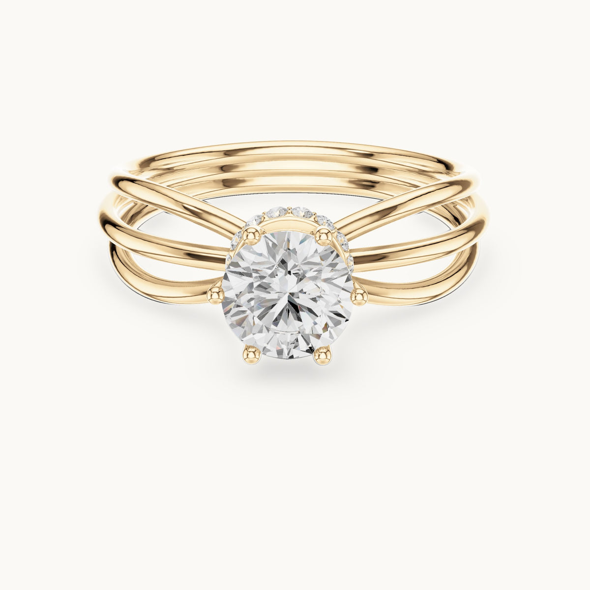 Round lab-grown diamond hidden halo engagement ring with multi-row split shank in yellow gold, 0.868 CT TW, view 4