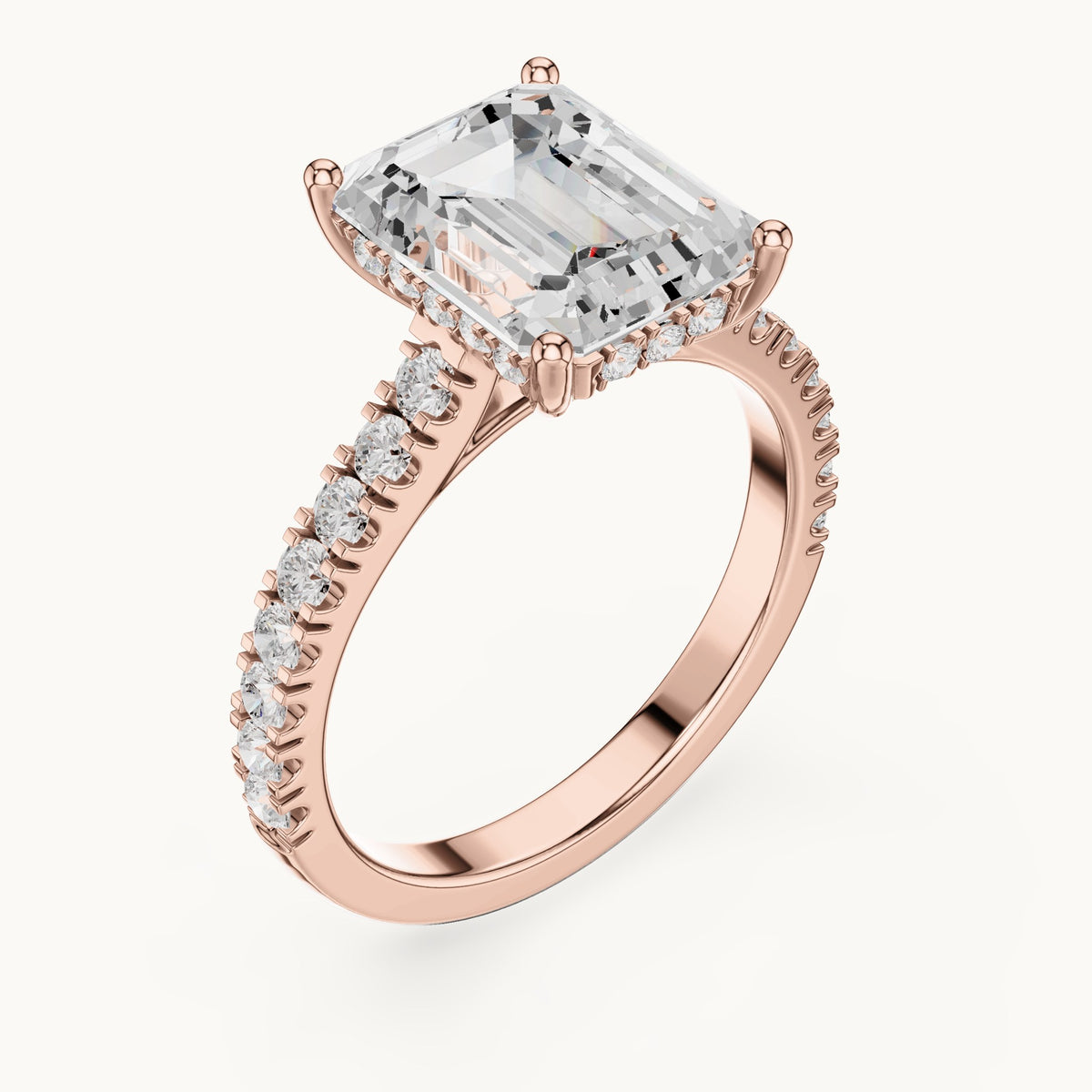 Emerald-cut and round lab-grown diamond hidden halo pavé engagement ring in rose gold, 4.56 CT TW, view 2