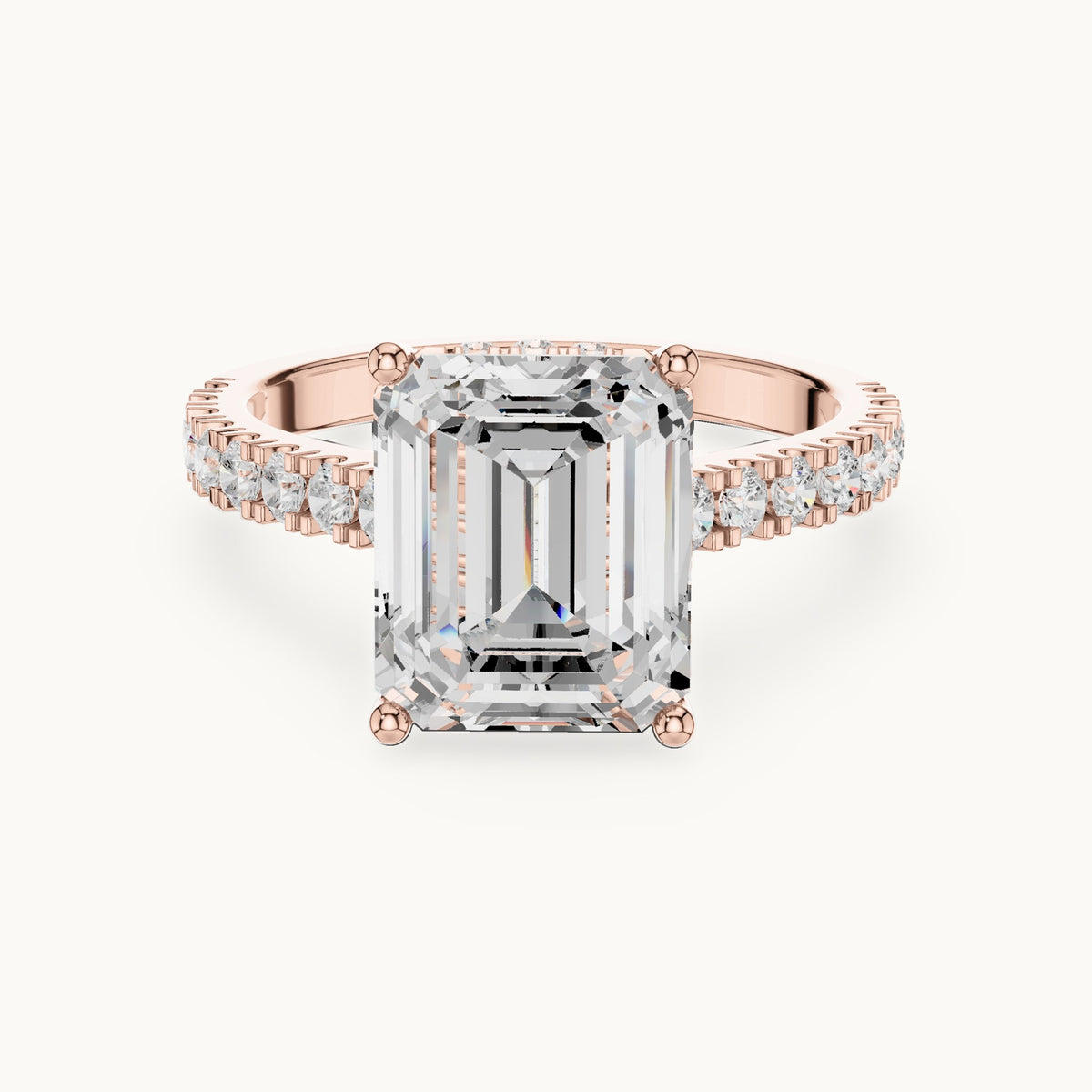 Emerald-cut and round lab-grown diamond hidden halo pavé engagement ring in rose gold, 4.56 CT TW, view 4