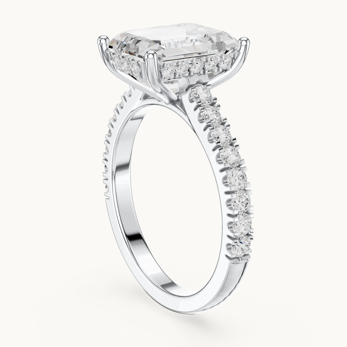 Emerald-cut and round lab-grown diamond hidden halo pavé engagement ring in white gold, 4.56 CT TW, view 1