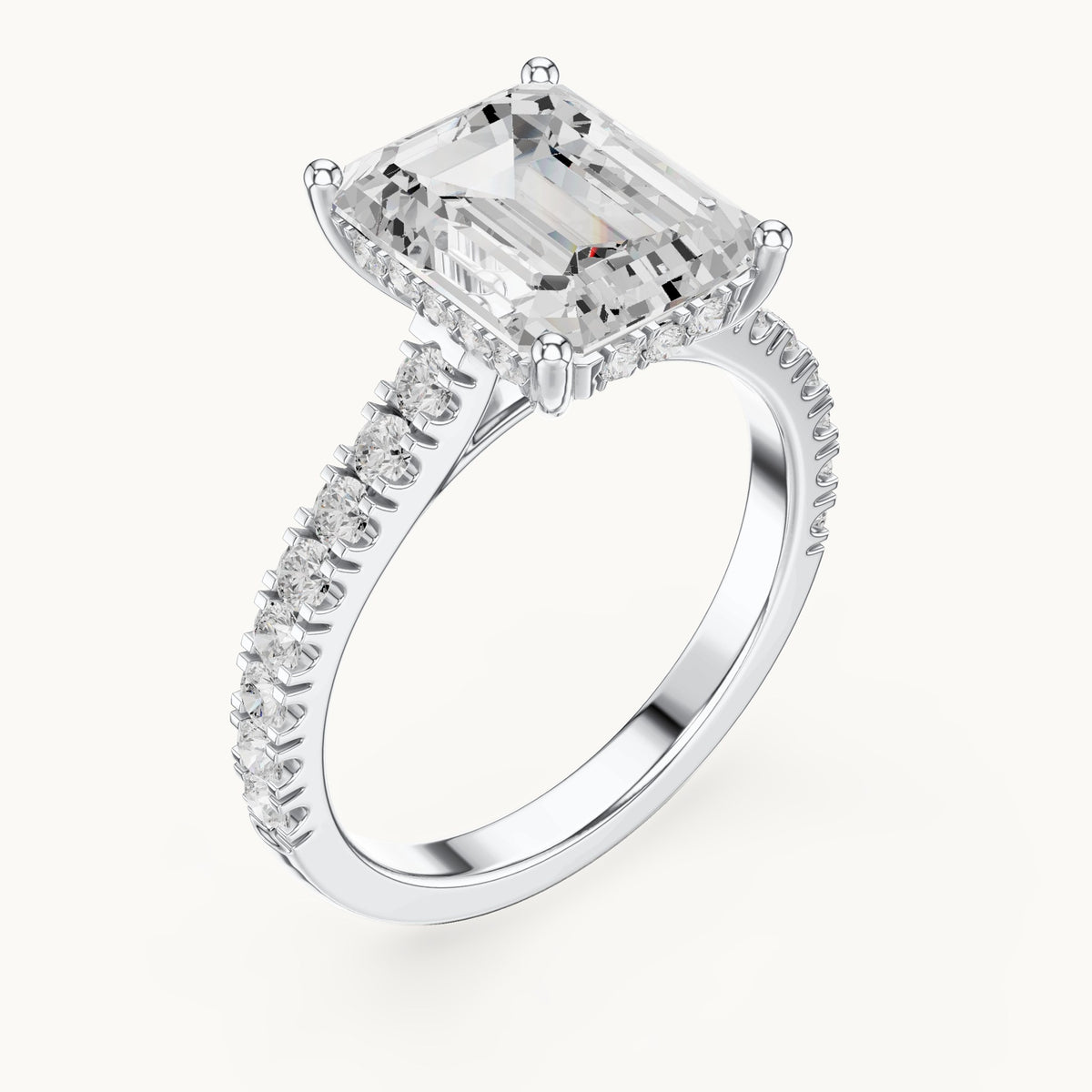 Emerald-cut and round lab-grown diamond hidden halo pavé engagement ring in white gold, 4.56 CT TW, view 2