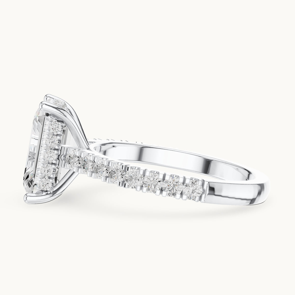 Emerald-cut and round lab-grown diamond hidden halo pavé engagement ring in white gold, 4.56 CT TW, view 3