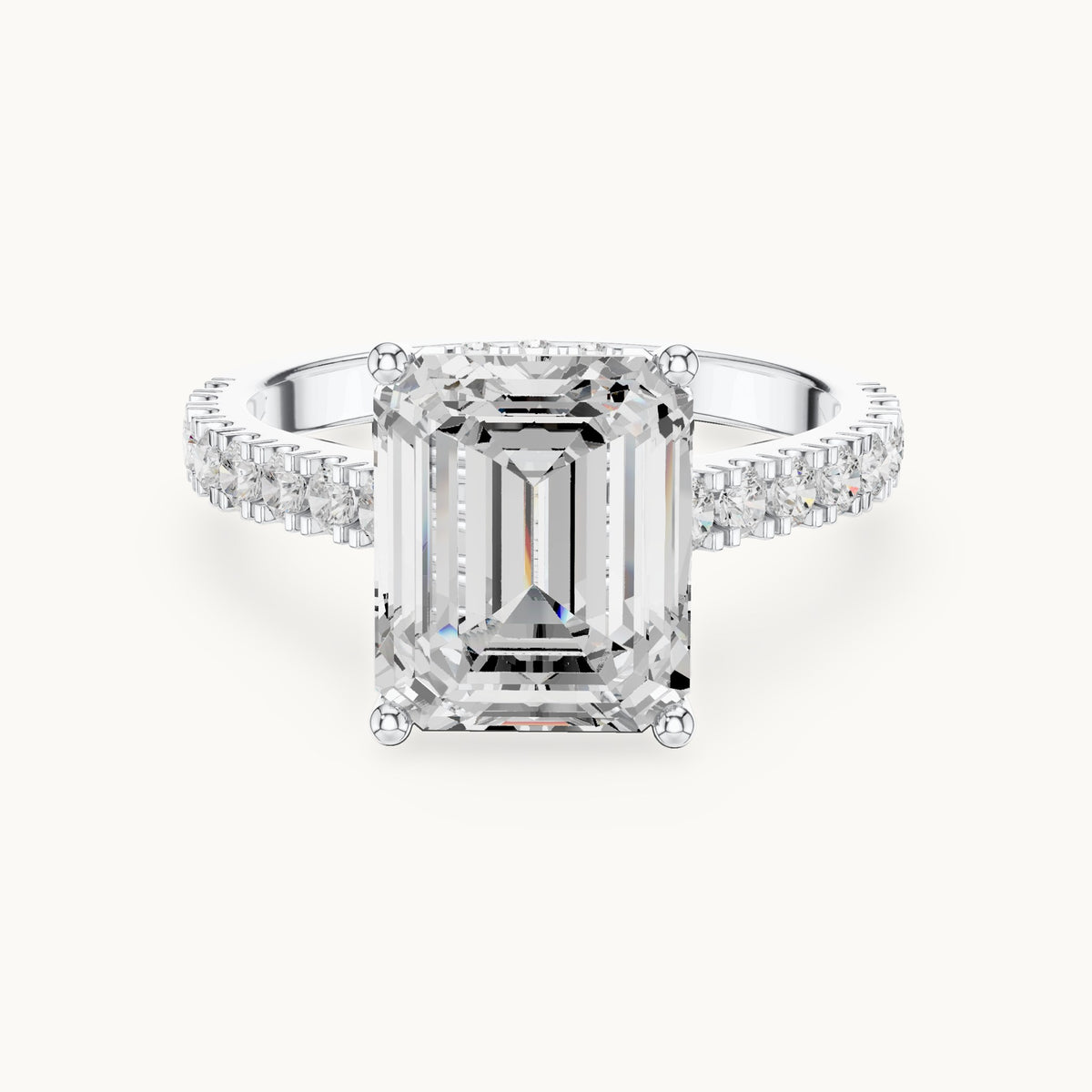 Emerald-cut and round lab-grown diamond hidden halo pavé engagement ring in white gold, 4.56 CT TW, view 4