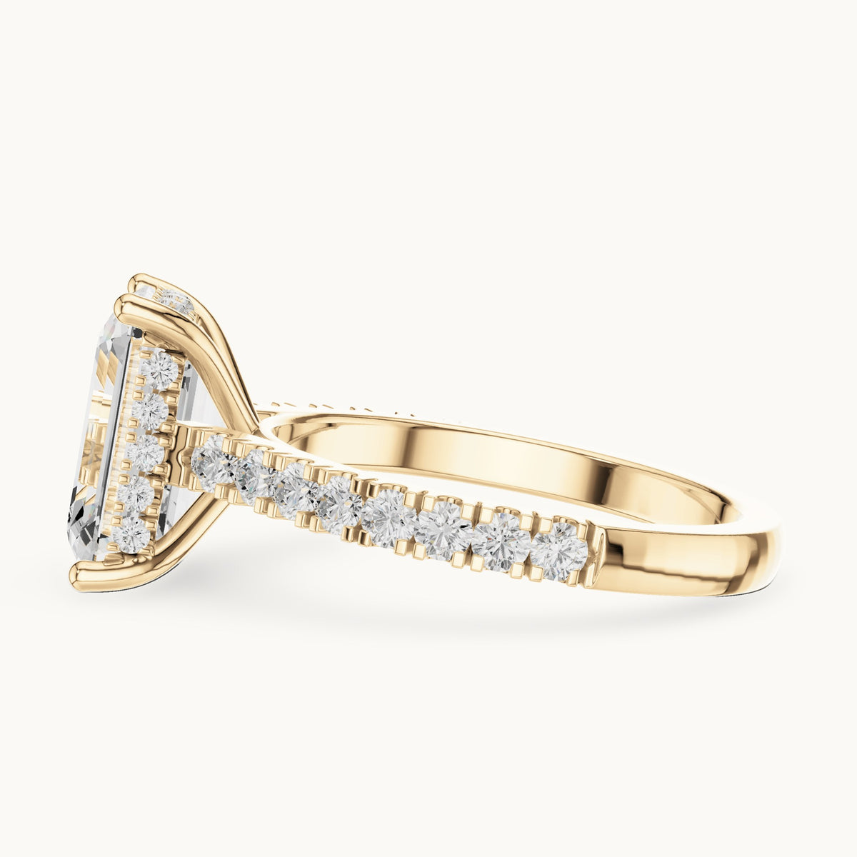 Emerald-cut and round lab-grown diamond hidden halo pavé engagement ring in yellow gold, 4.56 CT TW, view 3