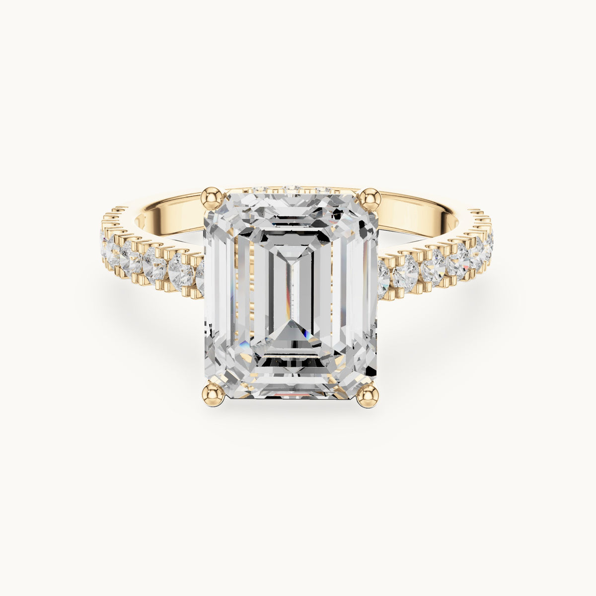 Emerald-cut and round lab-grown diamond hidden halo pavé engagement ring in yellow gold, 4.56 CT TW, view 4